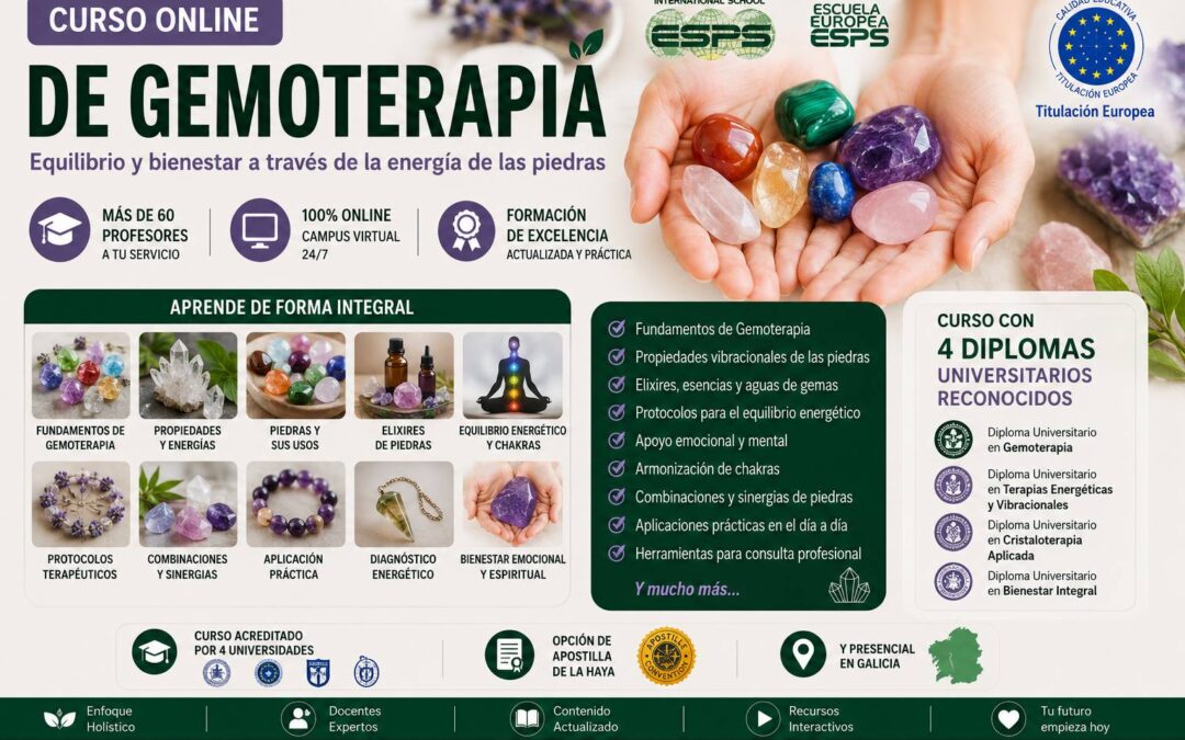 El Curso de Gemoterapia Online y Presencial en Vigo, Coruña, Santiago, Pontevedra ofrece conocer y saber usar los cristales, minerales y piedras semipreciosas..