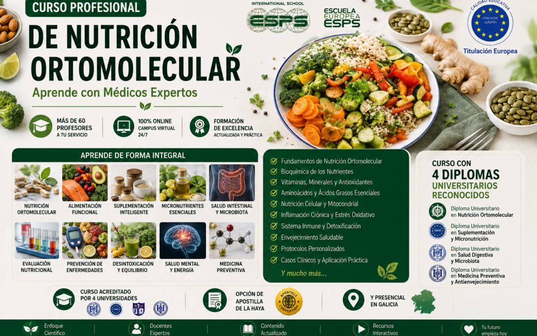 Formación profesional en nutrición ortomolecular con diploma universitario y certificación europea, disponible en modalidad online, semipresencial y presencial en Vigo, A Coruña, Pontevedra, Santiago de Compostela, Tenerife, Salamanca, Ourense, Lugo y Ferrol.