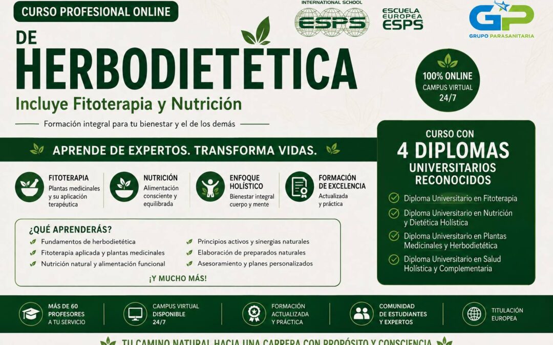 Formación profesional en herbodietética que integra nutrición natural y fitoterapia en un solo programa, con opción de continuar hacia la titulación completa de naturópata. Disponible en modalidad online, semipresencial y presencial en Galicia (A Coruña, Vigo, Pontevedra, Santiago de Compostela), Tenerife, Salamanca y otras sedes. Este curso está diseñado para quienes desean especializarse en el uso de plantas medicinales y alimentación natural como herramientas de prevención, equilibrio y promoción de la salud, con el respaldo de las acreditaciones y avales profesionales que caracterizan a la Escuela Europea Parasanitaria ESPS.