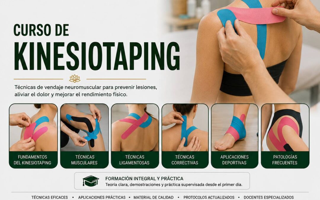 Curso de Kinesio Taping con aval de hasta 4 universidades internacionales, disponible en Vigo, A Coruña, Pontevedra, Santiago, Lugo y Ourense, además de convocatorias en Portugal (Oporto, Lisboa, Portimão).
